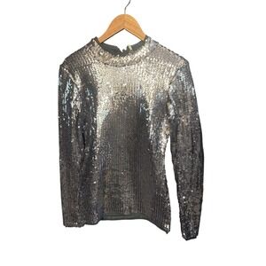 Free People Sequin Mock Neck Long Sleeve Blouse Top Silver M M